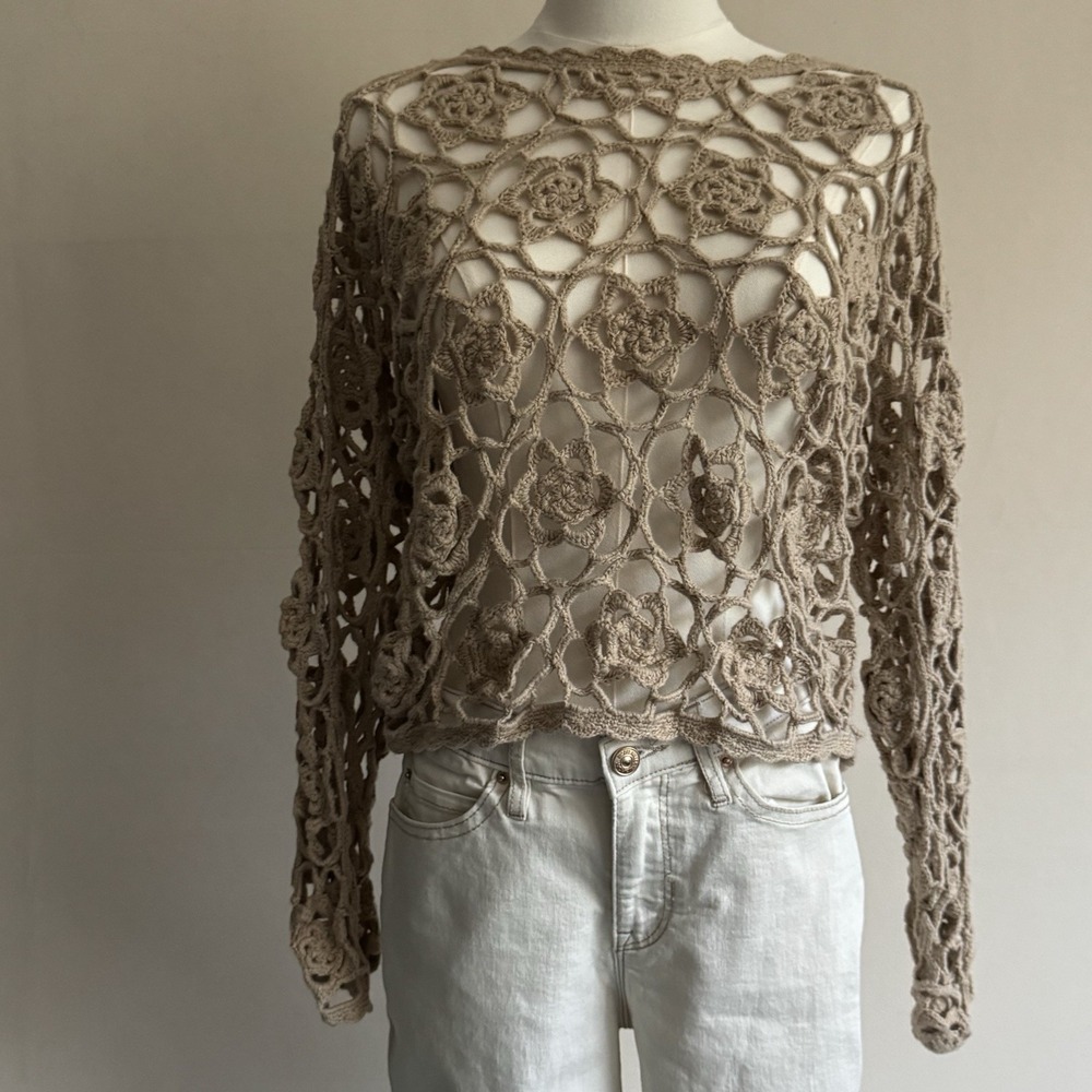 Vintage 90s Boho Crochet Sweater Womens One Size OSFA Cottagecore Floral Beige